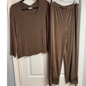 Chicos Travelers Brown Acetate Spandex Knit Embroidered Set Top Pants Sz Lg XL